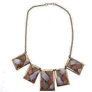 Three Tone Weaved Wire Accents Rectangle Brass Pendants Chain Necklace 22"